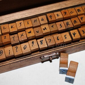 Pu&ograve; includere: Scatola di legno piena di timbri individuali di lettere e numeri. I timbri sono disposti in una disposizione simile a una tastiera. La scatola ha un fermo sul davanti. Due timbri aggiuntivi sono fuori dalla scatola.