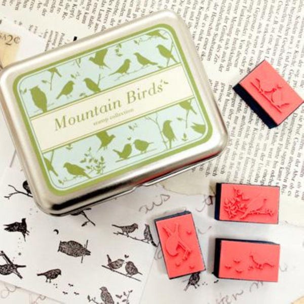Conjunto de carimbos de borracha DIY Mountain Birds - Caixa de lata, 9 peças