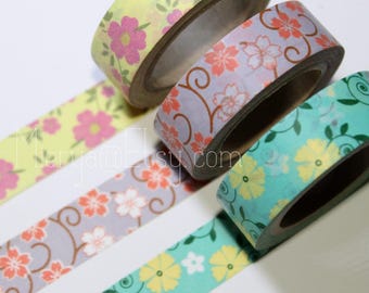 Floral Japanese Washi Tape Set - Decorative Masking Tape, 3 Rolls