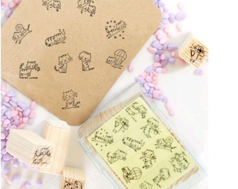 Cat Rubber Stamp Set: Wooden Diary Stamps, 12 pcs