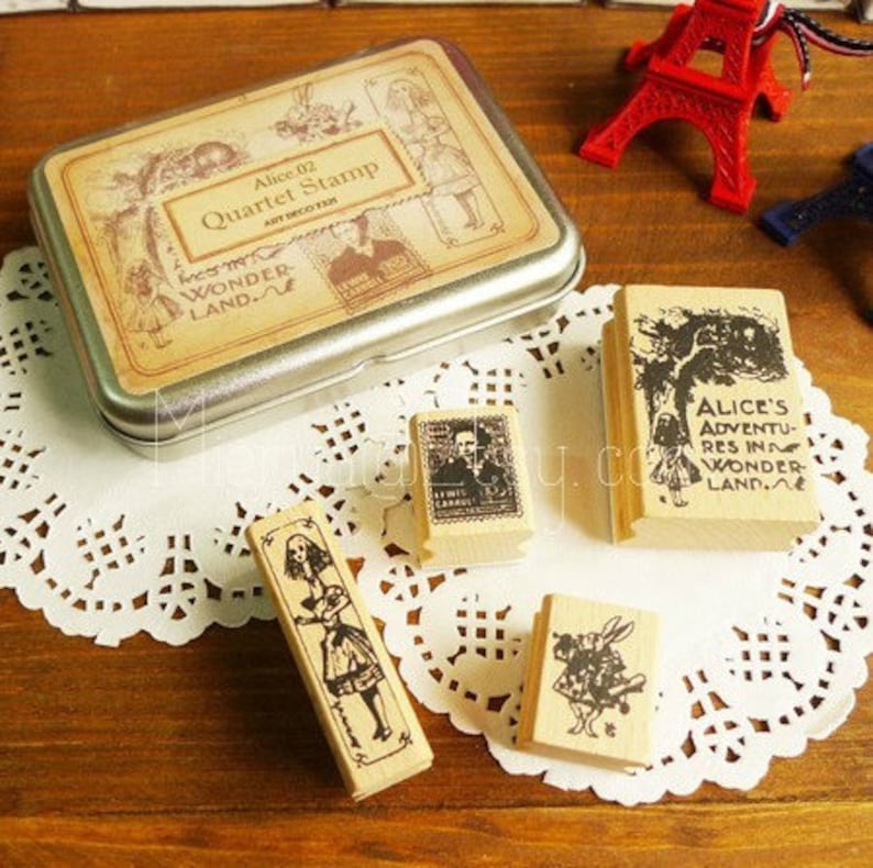 Alice Series Rubber Stamps in Tin Box - Wooden Rubber Stamp Set