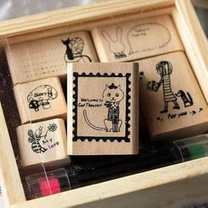 Korea Holzstempel Set: Vogel, Tagebuch und Katze