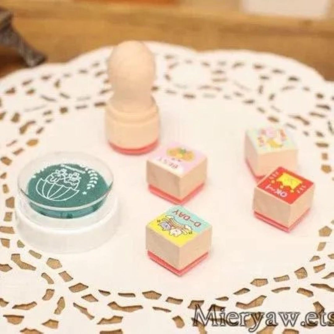 Kawaii Design Stamps and Ink Pad Set - Wood Rubber Stamp - Diary Deco ...