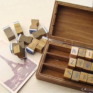 42 pcs Antique Stamp Set - Wooden Rubber Stamps - Alphabet and Number Stamps - Capital