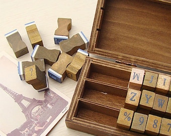 42 pcs Antique Stamp Set - Wooden Rubber Stamps - Alphabet and Number Stamps - Capital