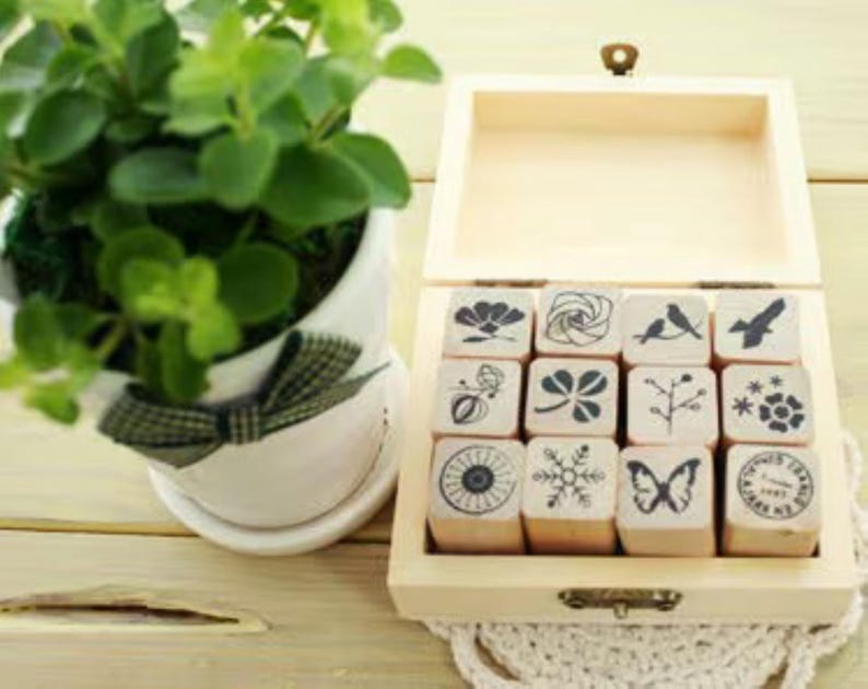 Nature Pattern Rubber Stamps - Wooden Stamp Set (12pcs) image 1
