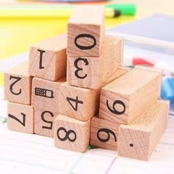 Wooden Number Rubber Stamp Set - 12 Piece