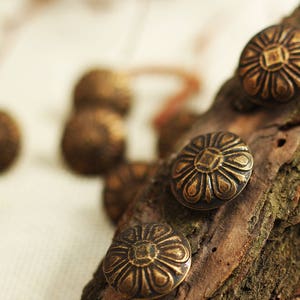 Puede incluir: Primer plano de seis tachuelas decorativas de color bronce antiguo con un dise&ntilde;o floral. Las tachuelas est&aacute;n dispuestas sobre un trozo de madera desgastada.