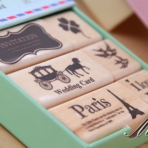 1 Case Retro Style Stempel - Stempel aus Gummi und Baumwolle - koreanischer Stempel - Deko Stempel - Holzstempel - Schubladentypo-Stempel - 4 Styles