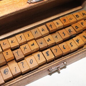 Pu&ograve; includere: Una scatola di legno piena di piccoli blocchi di legno, ognuno con una lettera o un numero stampato su di esso. La scatola &egrave; aperta e i blocchi sono disposti in file.
