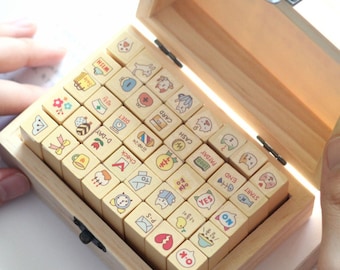 Korean Cat Stamp Set - Diary Stamps - Wooden Stamps - 40 pcs