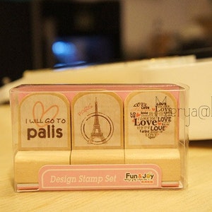 Korean Wooden Rubber Stamps - Paris, Love, Travel - Set of 3