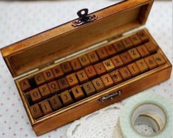 Antique Stamp Set - Wooden Rubber Stamps - Alphabet and Number Stamps - Capital - 42 pcs