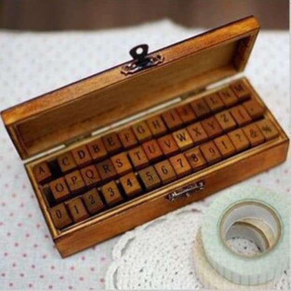 Antique Stamp Set - Wooden Rubber Stamps - Alphabet and Number Stamps - Capital - 42 pcs