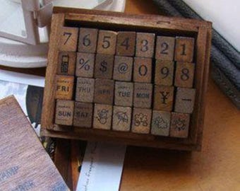 Juego de sellos de números y símbolos - 28 sellos de madera para diario