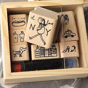 Korean Stamp Set(with ink) - Wooden Rubber Stamp Set - Diary Stamps - Deco Stamps - New York