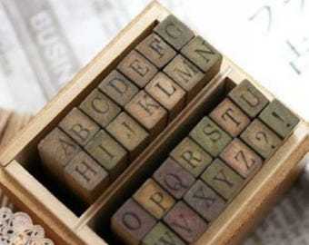 Vintage Alphabet Rubber Stamp Set - 28 Wooden Stamps