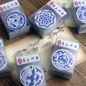 Blue and White Porcelain Style Rubber Stamp Set - Wooden Rubber Stamp - Lace Stamp - Filofax - 6 pcs in-EMS62285