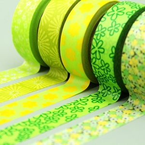 5 Rolls Green Floral Washi Tape: Japanese Masking Tape Set