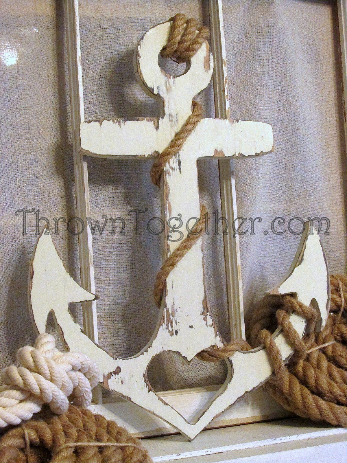 Nautical Wood Wall Decor, Anchor with Heart and Rope, Handmade 20 Wood