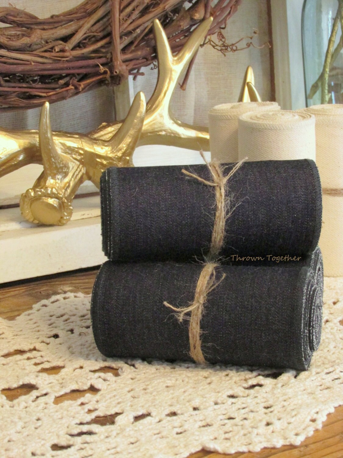 Dark Blue Denim Ribbon Garland 5 Wide Blue Jean Ribbon