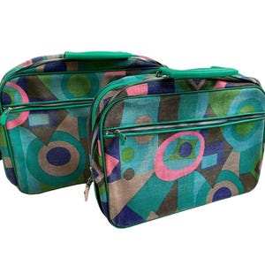 60s Mod Fabric Suitcases, x2 Nesting Travel Bags, MCM Geometric Pattern, Made in Japan