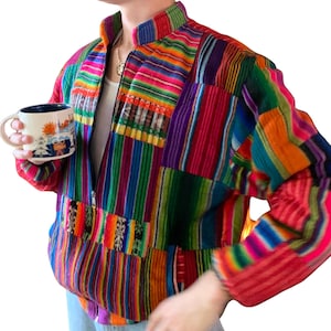 Vintage Guatemalan Jacket, Multi Patchwork Abstract Coat, Men's Size XL