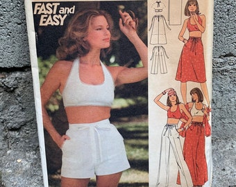 70s Butterick 4855 Pattern Easy Jr/Teen Halter Top, Skirt, Wide Legged Pants, Shorts & Stole // Size 13/14 Bust 33 1/2 Factory Folded FF