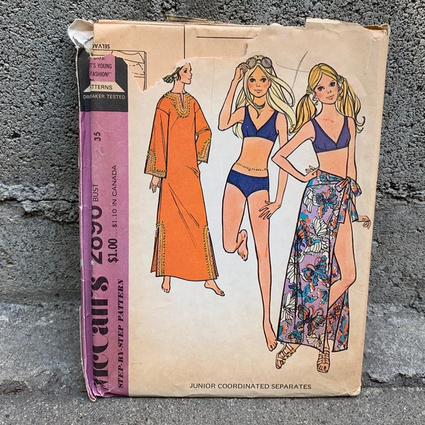 70s McCall's 2896 Pattern Junior's Boho Caftan, Bikini, Sarong or Bra Top // Size 13 Bust 35