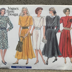 80s Vogue 1923 Basic Design Pattern Misses&#39; Dress // Size 14-16-18 Bust 36-38-40 Factory Folded FF
