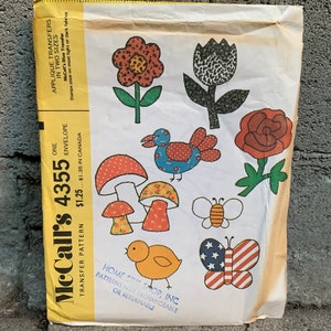 70s McCall&#39;s 4355 Transfer Pattern Applique Transfers in Two Sizes Flowers, Mushrooms, Birds, Bee, Butterfly // Uncut, Unused