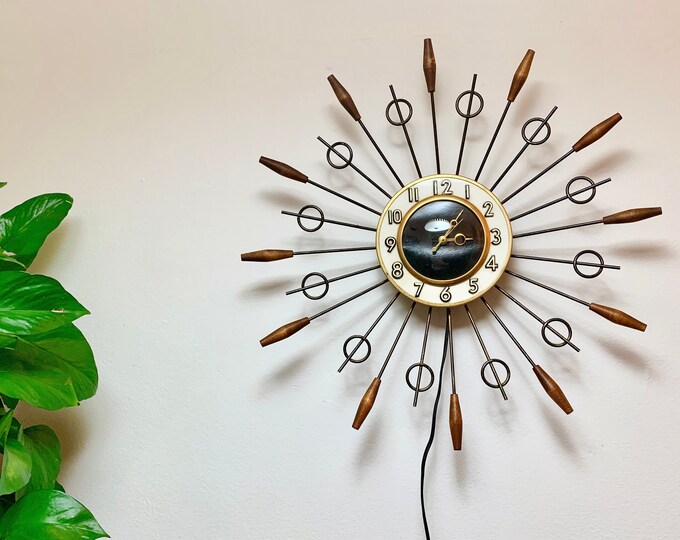Vintage Mid Century Modern Atomic Wall Clock Starburst Walnut Etsy