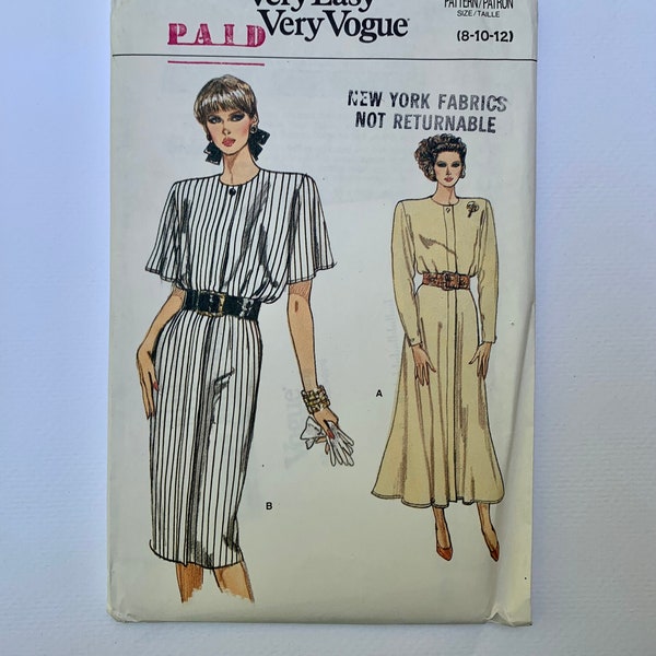 80s Vogue 9830 Pattern Very Easy Vogue Misses' Loose-Fitting Blouson Dress // Size 8-10-12 Bust 31 1/2 - 32 1/2 - 34 Factory Folded FF