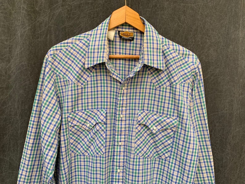 Men/'s Large to XL Vintage Holt Western Plaid Pearl Snap Shirt