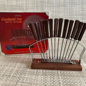 MCM Barware 12-pc Cocktail Set with Stand, Forks Appetizers Mid Century Rosewood Party Forks - x12 Original Package