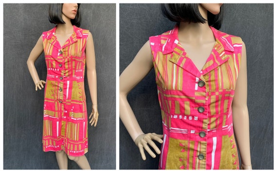 60s Dress Mod Shift Sleeveless Front Button Abstra