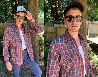 Vintage Wrangler Plaid Western Pearl Snap Shirt Cowboy Fit X-Long Tails // Men's XL Chest 48 Neck 17 Sleeve 34
