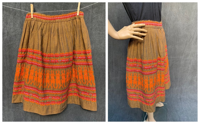 70s Oaxacan Skirt Boho Bohemian Hand Stitched Size Small 28 Waist
