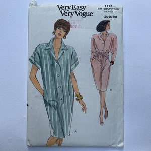 90s Vogue 7771 Pattern Very Easy Vogue Misses&#39; Front Button Shirt Dress with Sash // Size 14-16-18 Bust 36-38-40 Factory Folded FF Uncut