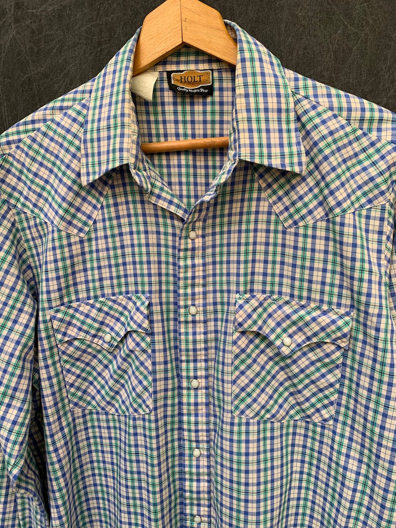 Men/'s Large to XL Vintage Holt Western Plaid Pearl Snap Shirt