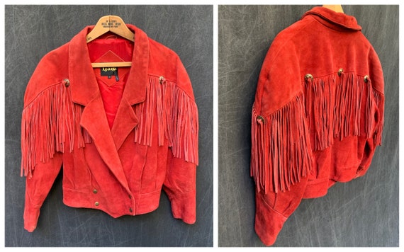 80s Red Suede Fringe Leather Crop Jacket by Learsi