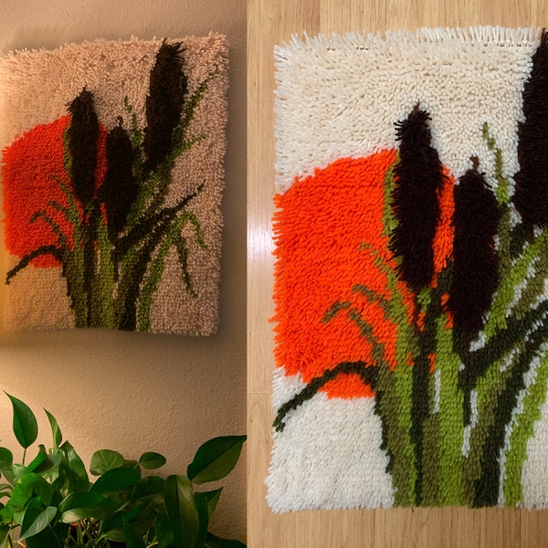 70s Rya Latch Hook Rug Cattails in the Sunset, Mid Century Lo-Hi Wall Hanging - Completed, Unframed