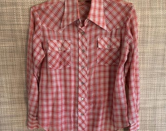 Vintage 70s Plaid Pearl Snap Western Shirt, Exaggerated Collar, Size Small