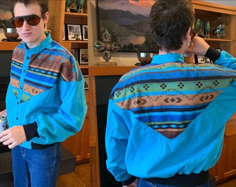 Vintage Southwestern Jacket Turquoise with Geometric SW Design All Cotton Coat // Men's Size XL