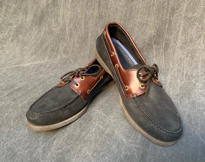 80's Sperry Leather Top Siders Two Tone Black Suede Leather and Smooth ...