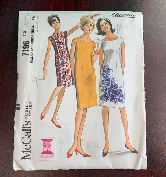 60s Mccall's 7196 Pattern Misses' and Junior Shift Dress // Size