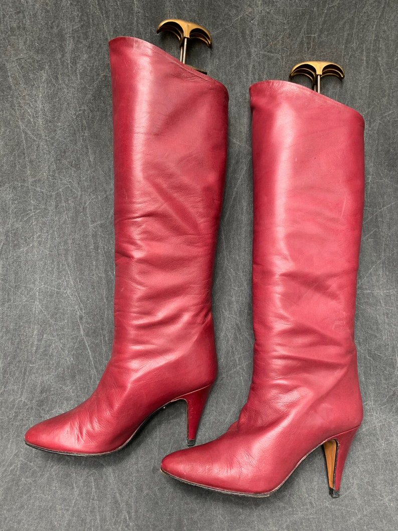 80s Chantal Boots KneeHigh Burgundy Leather Heeled Boot 80s Chantal Boots KneeHigh Burgundy Leather Heeled Boot