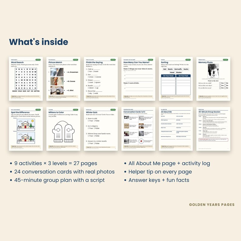 Large-print Winter Activities for Seniors, Dementia Memory Care Games ...