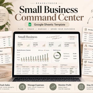 May include: A digital Google Sheets template titled Small Business Command Center displayed on a laptop screen, featuring dashboards for sales, expenses, invoices, clients, and goals with charts, tables, and financial data tracking.