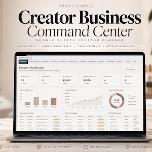 May include: A laptop screen displays the Creator Business Command Center Google Sheets template. The dashboard features a Creator Dashboard with metrics, charts, and tables for content planning, brand deals, payments, and performance analytics.